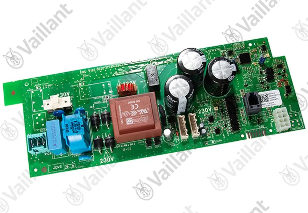 Leiterplatte von Vaillant mit verschiedenen elektronischen Bauteilen, darunter Relais, Kondensatoren und Anschlüsse, auf einer grünen Platine.